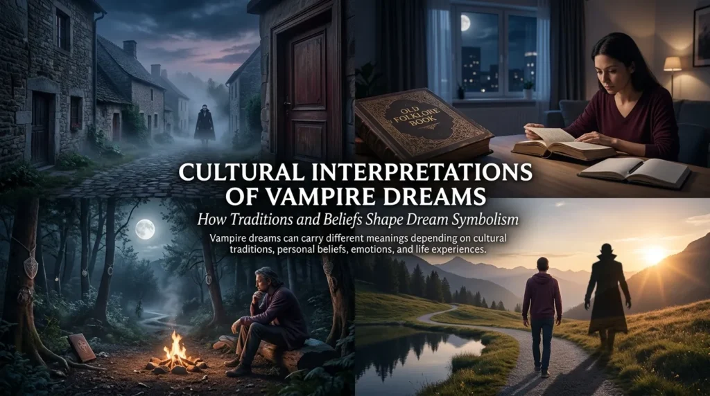 ### Image Prompt — Cultural Interpretations of Vampire Dreams

Create a **photorealistic, cinematic 16:9 composite scene** exploring **cultural interpretations of vampire dreams** through four visually distinct settings arranged naturally as one cohesive dreamlike composition. Avoid presenting any interpretation as universally true; emphasize that vampire symbolism can vary across cultures, traditions, and personal beliefs.

**Main Concept:**
Show how vampire-like dream imagery may be connected with different cultural ideas about fear, the unknown, temptation, death, protection, emotional energy, and transformation.

**Four Cultural-Inspired Scenes:**

* **Eastern European-inspired setting:** An old stone village at twilight with mist, an antique wooden doorway, and a mysterious human-like vampire figure in the distance, reflecting traditional vampire folklore.
* **Modern Western setting:** A quiet city apartment at night with an adult dreamer studying an old folklore book beside a dream journal, representing modern interpretations of vampire symbolism.
* **Ancient folklore-inspired setting:** A moonlit woodland with symbolic protective objects and an adult person reflecting beside a small fire, suggesting traditional stories about supernatural beings and protection without copying any specific religious ritual.
* **Contemporary spiritual setting:** A peaceful mountain landscape at dawn where an adult dreamer walks away from a shadowy vampire-like silhouette toward warm sunlight, symbolizing personal reflection, emotional boundaries, and transformation.

**Symbolic Details:**
Old folklore book, dream journal, moonlight, mist, protective symbols kept subtle and culturally neutral, contrasting darkness and warm sunrise light, winding pathways, reflective water, and different architectural styles.

**Typography on Image:**
**CULTURAL INTERPRETATIONS OF VAMPIRE DREAMS**
*How Traditions and Beliefs Shape Dream Symbolism*

Definition line: **Vampire dreams can carry different meanings depending on cultural traditions, personal beliefs, emotions, and life experiences.**

**Color Palette:** Midnight blue, deep burgundy, charcoal, muted violet, silver, and warm golden sunrise tones.

**Mood:** Mysterious, educational, atmospheric, culturally respectful, reflective, and slightly supernatural without becoming frightening.

**Negative Prompt:** No blood, gore, biting, dead bodies, graphic violence, satanic imagery, occult rituals, offensive cultural stereotypes, sacred religious symbols used incorrectly, zombies, demons, cartoon style, anime, distorted faces, exaggerated fangs, excessive horror, watermark, logo, blurry details, excessive text.

Cultural Interpretations of Vampire Dreams